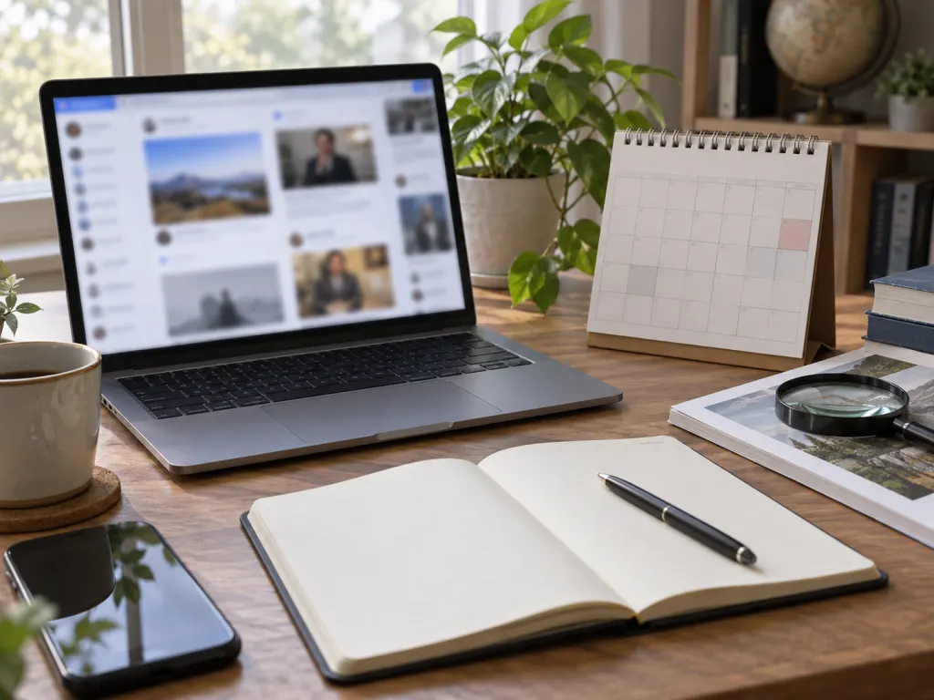 A desk with a laptop, calendar, and blank notebook suggesting careful source checking.