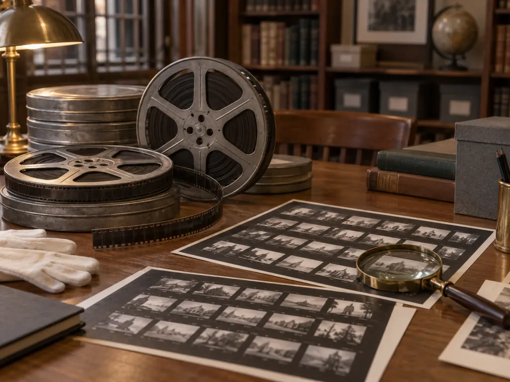 Film reels and archive materials arranged on a library table for film-history research.