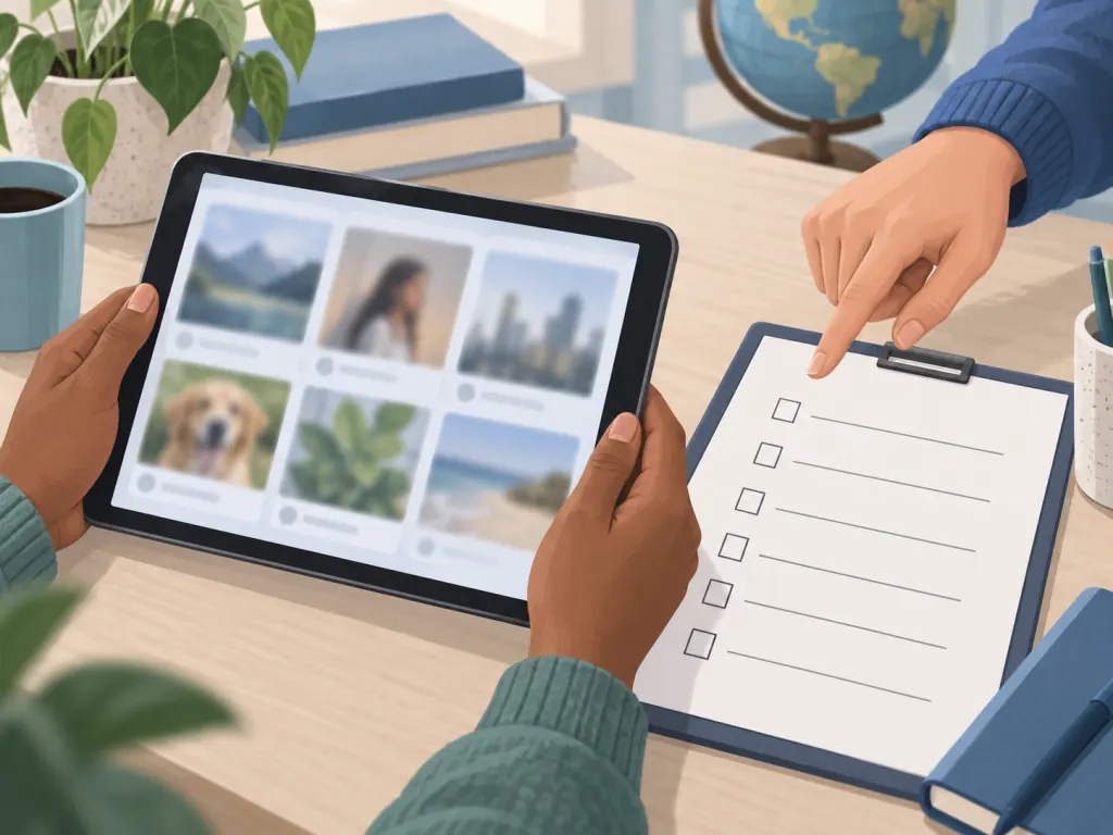 Hands reviewing a tablet and blank checklist to represent careful reading of viral media.