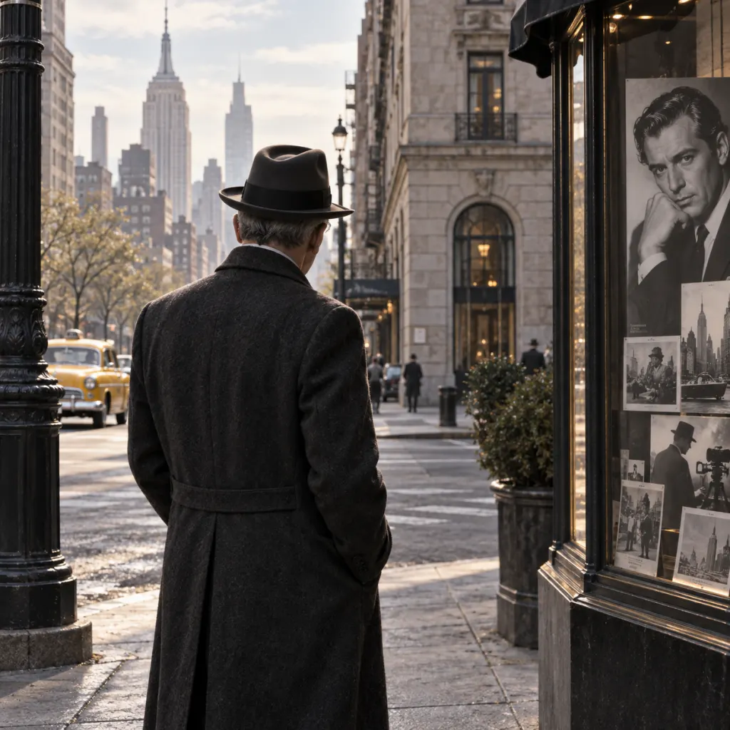An older film-actor figure viewed from behind on a quiet city street in a respectful editorial illustration.