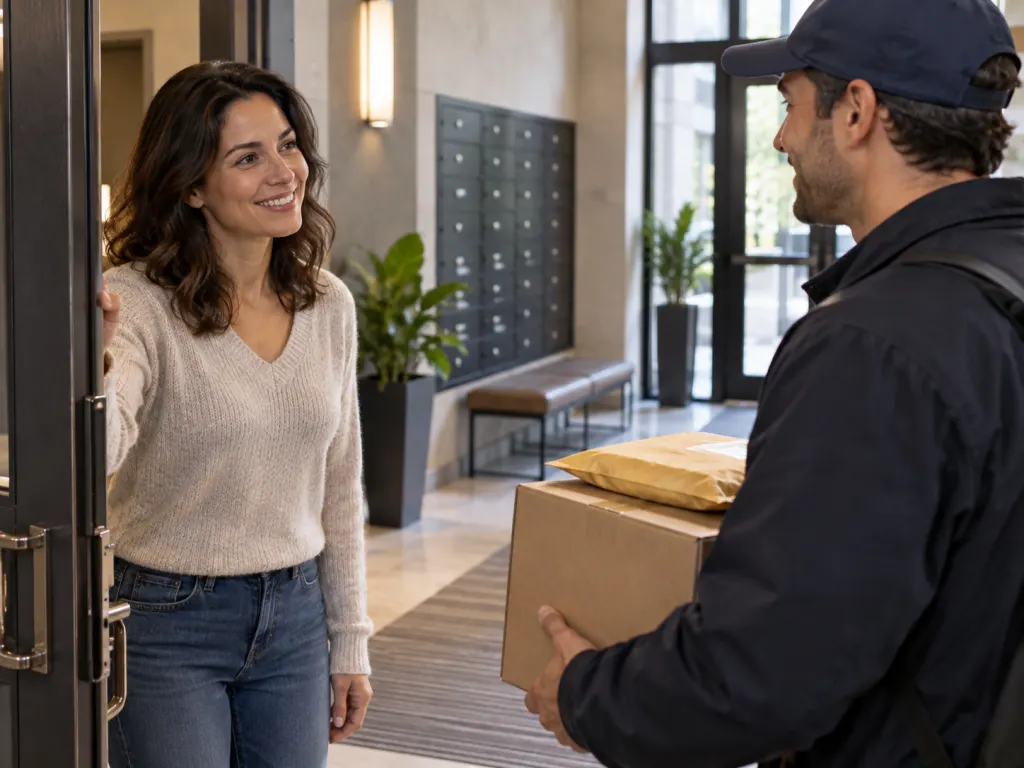 A person respectfully helping a delivery worker in a bright apartment lobby.