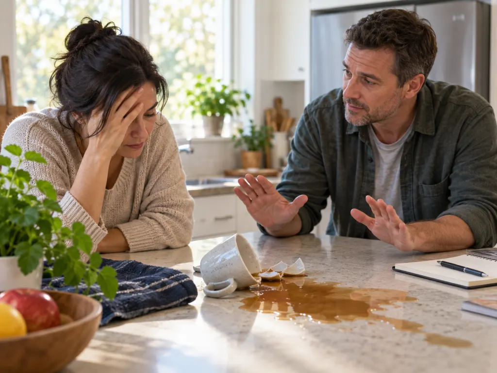 Two adults calmly handling a small kitchen mishap together.