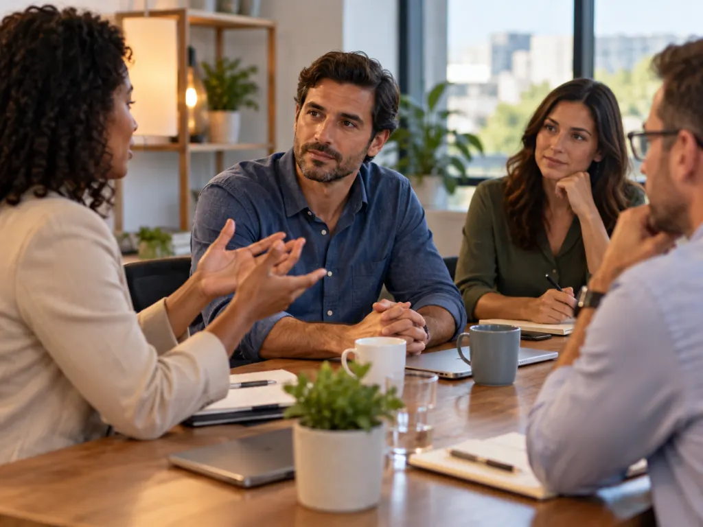 A person listening calmly during a small workplace feedback conversation.