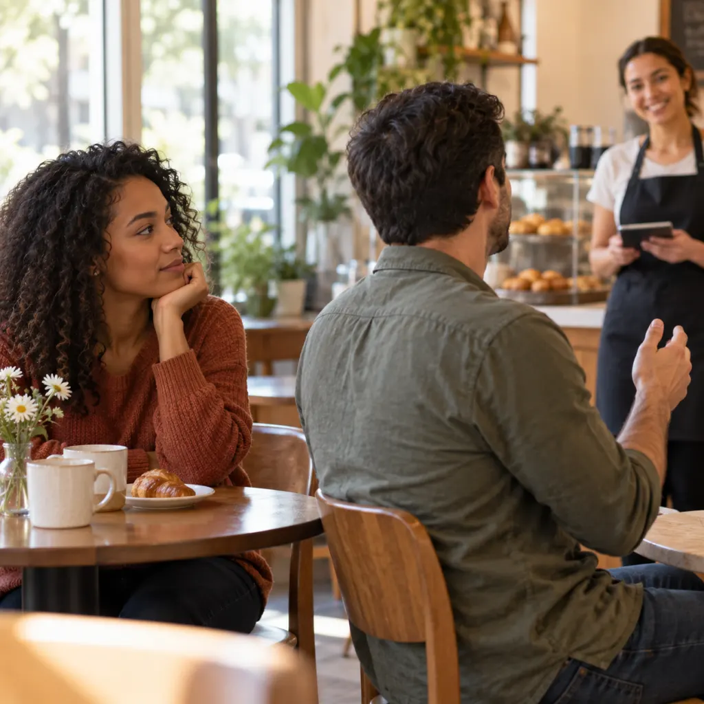 Two people at a cafe table while a server stands nearby in a calm everyday interaction.