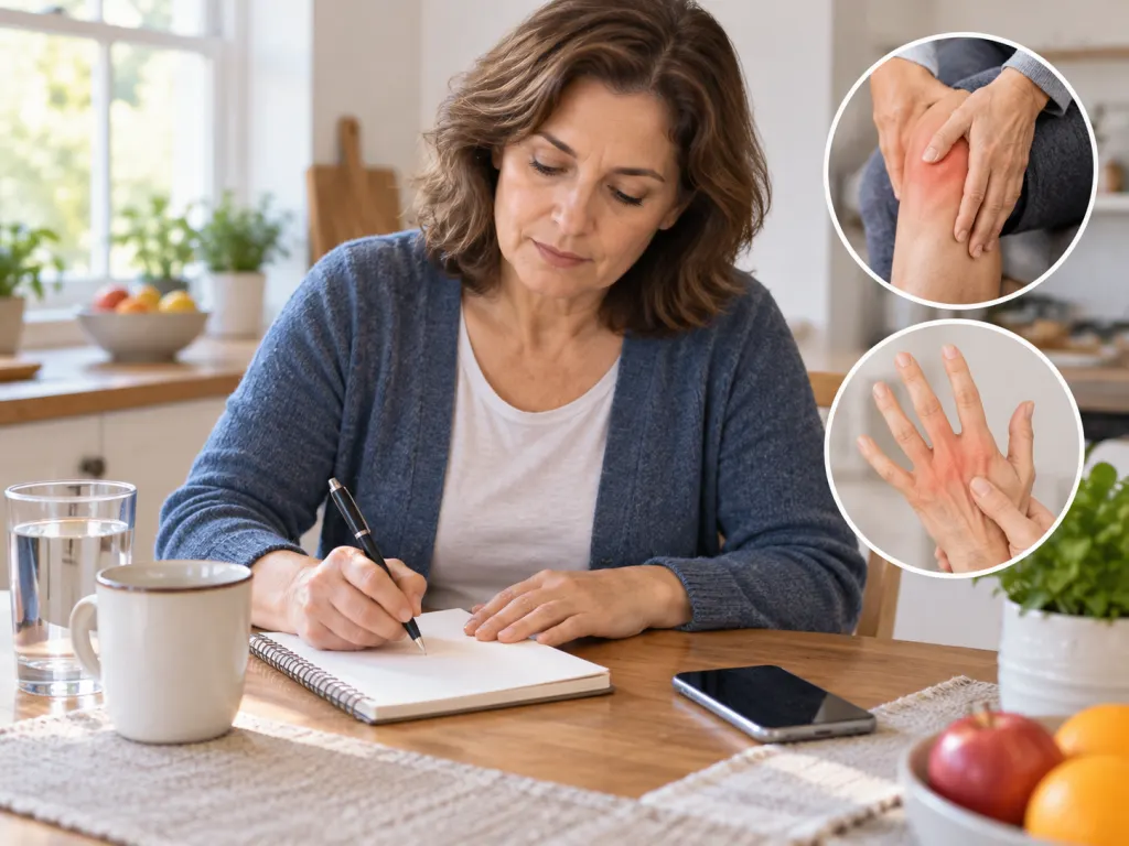 Adult recording joint symptoms in a notebook at a kitchen table.