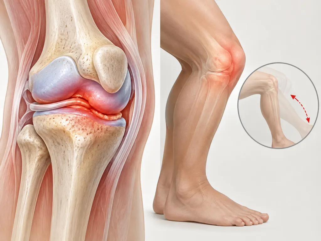 Non-graphic illustration of a knee joint showing subtle swelling and limited motion.