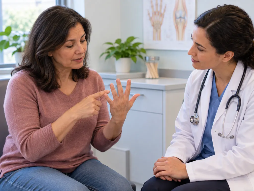 Patient discussing hand joint symptoms with a healthcare professional in a clinic.