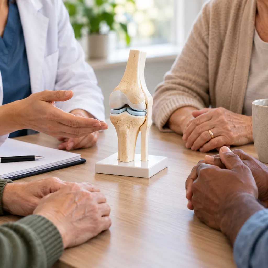 Diverse adult hands beside a simple joint model in a calm healthcare illustration.