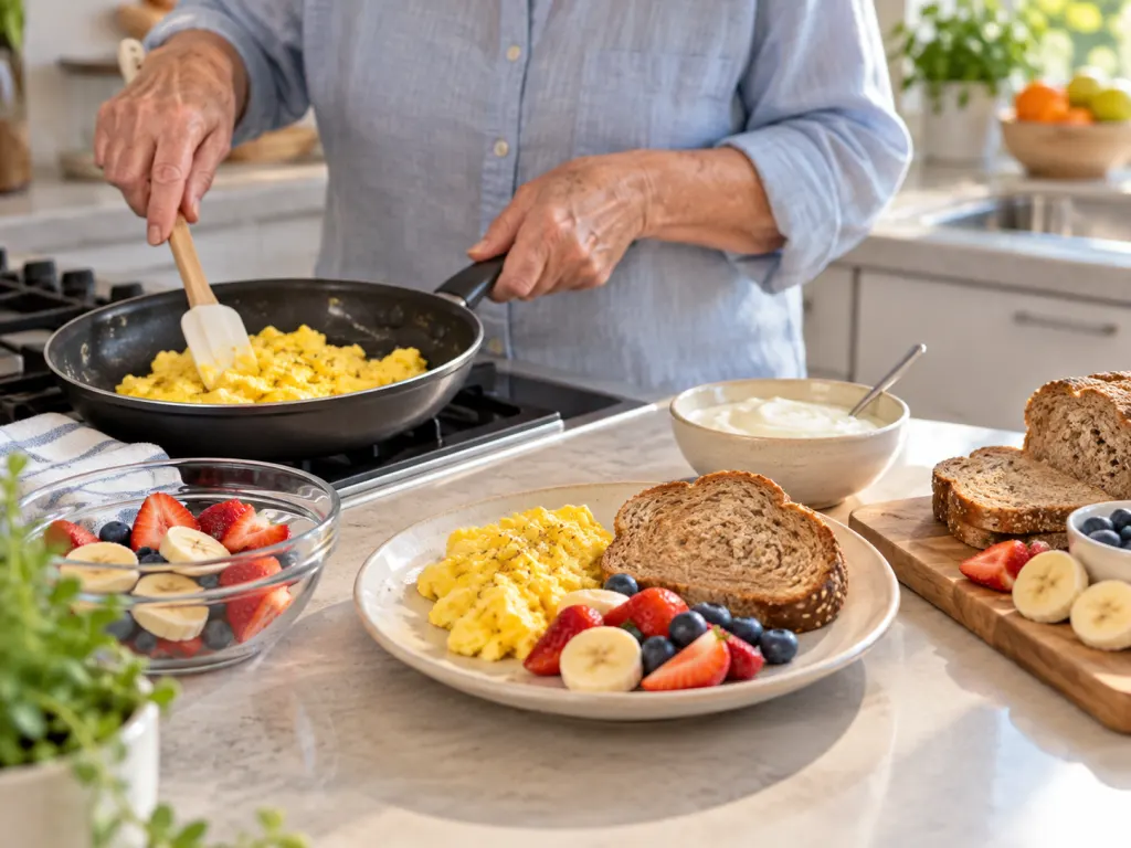 An older adult prepares eggs, yogurt, fruit, and toast for breakfast.