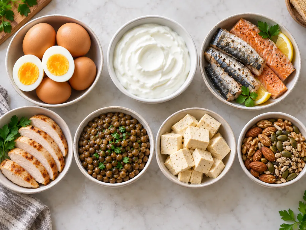 Seven protein-rich foods arranged in bowls on a neutral table.
