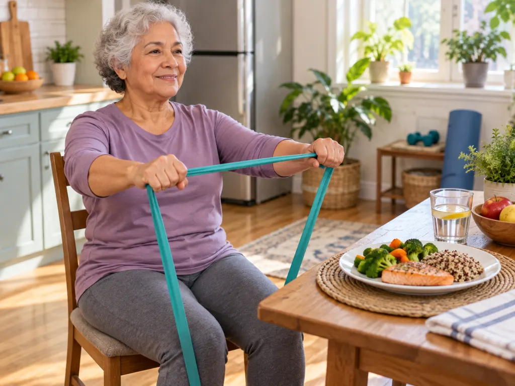 An older adult uses a resistance band near a table with a balanced meal.
