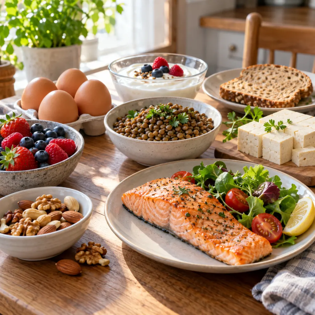 A kitchen table with several protein-rich foods arranged for an older adult meal plan.