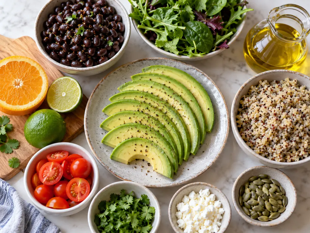 Avocado slices shown with beans, greens, citrus, olive oil, and whole grains.