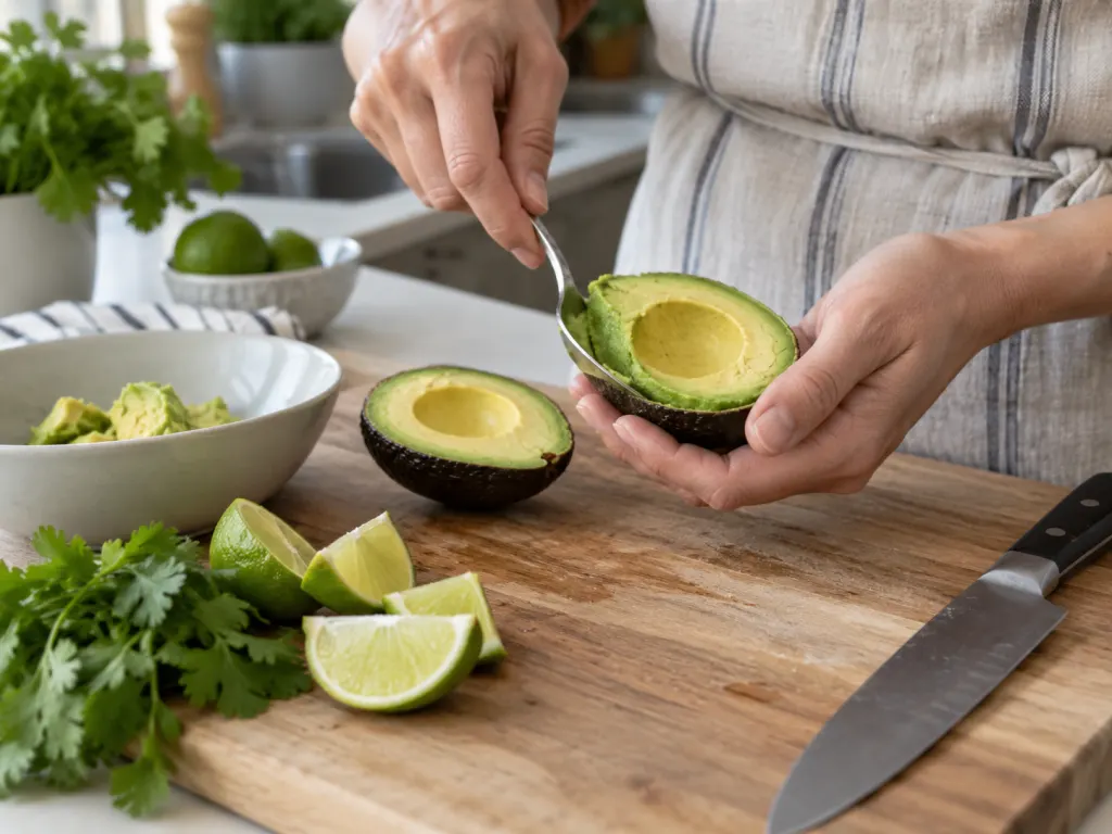 Hands safely scooping avocado from its skin with a spoon on a cutting board.
