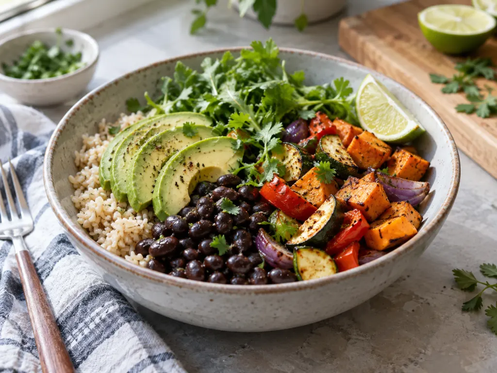 A balanced grain bowl topped with avocado slices, beans, vegetables, herbs, and lime.