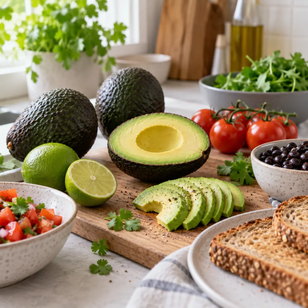 Halved and sliced avocados arranged with colorful balanced meal ingredients.