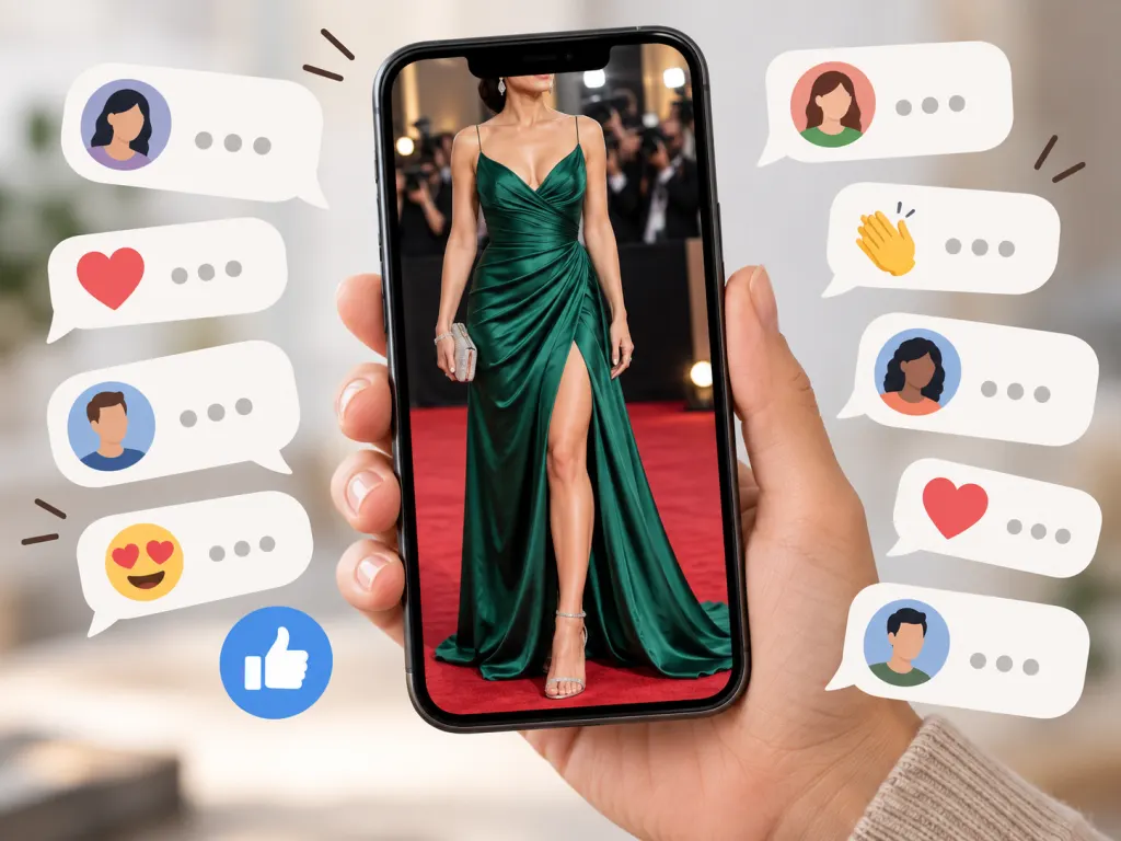 An illustration of a phone surrounded by abstract comment bubbles about an awards-fashion image.