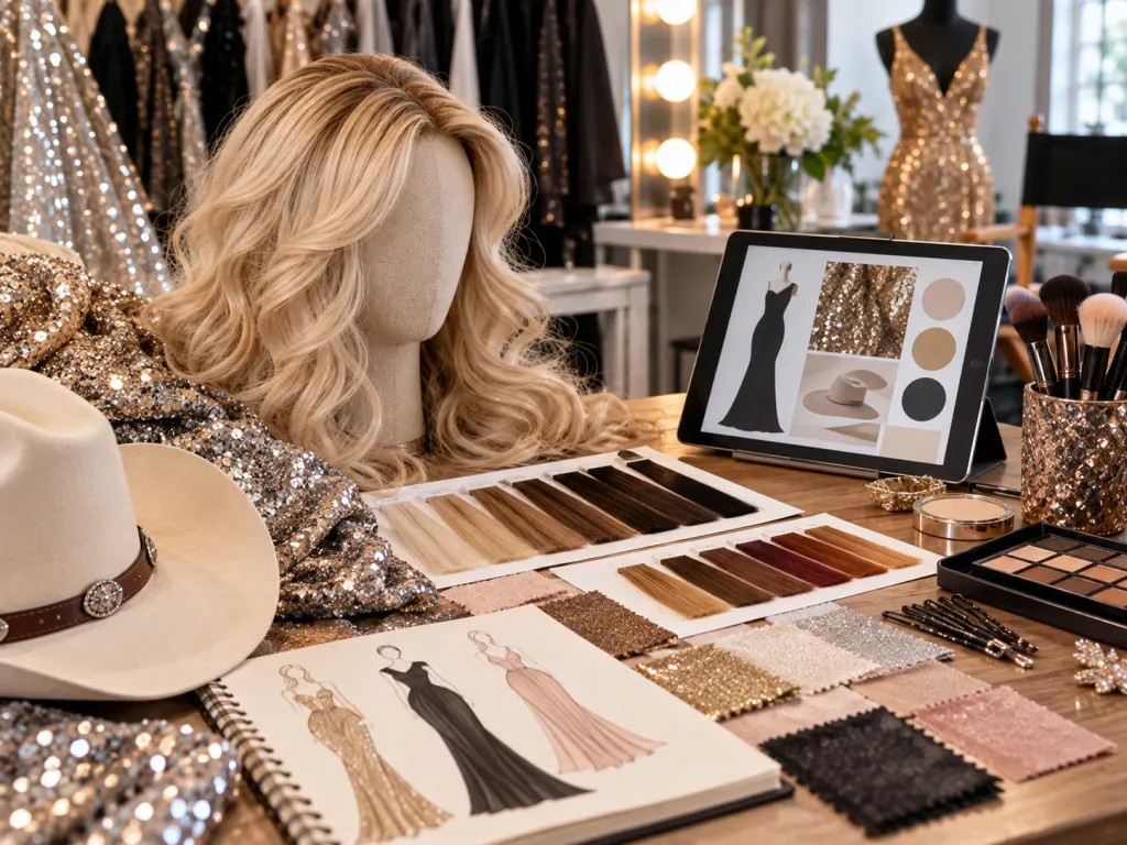 A stylist table with blonde hair swatches, sequined fabric, makeup brushes, and a cowboy hat.