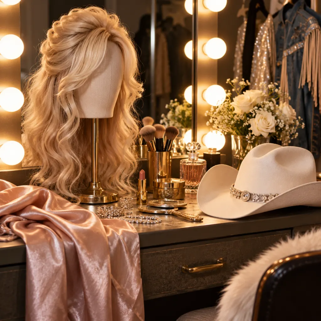 A blonde stage wig and cowboy hat on an awards-show dressing room vanity.