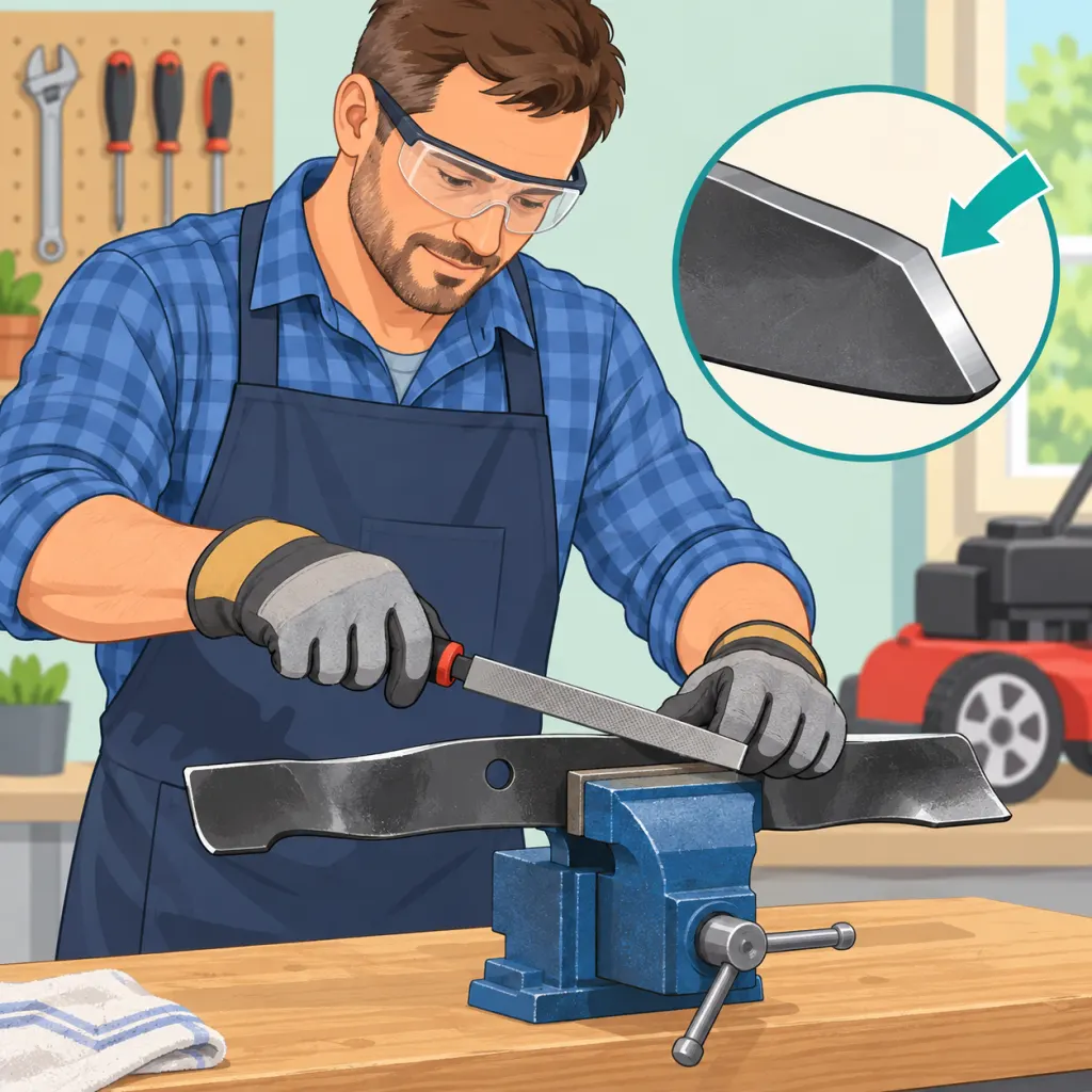 Person safely sharpening a removed lawn mower blade clamped on a workbench.
