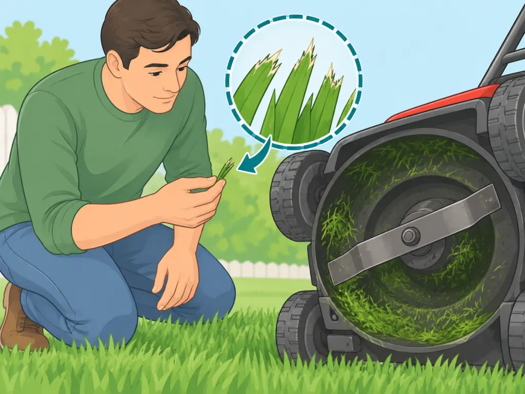 Person checking ragged grass tips to decide whether the mower blade needs sharpening.