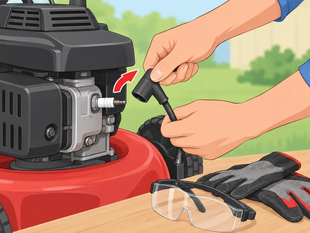 Hands disconnecting the spark plug wire before mower blade maintenance.