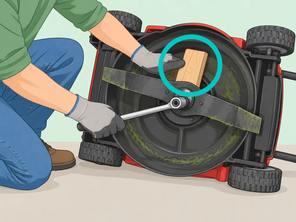 Person bracing a lawn mower blade with a wood block while loosening the bolt.