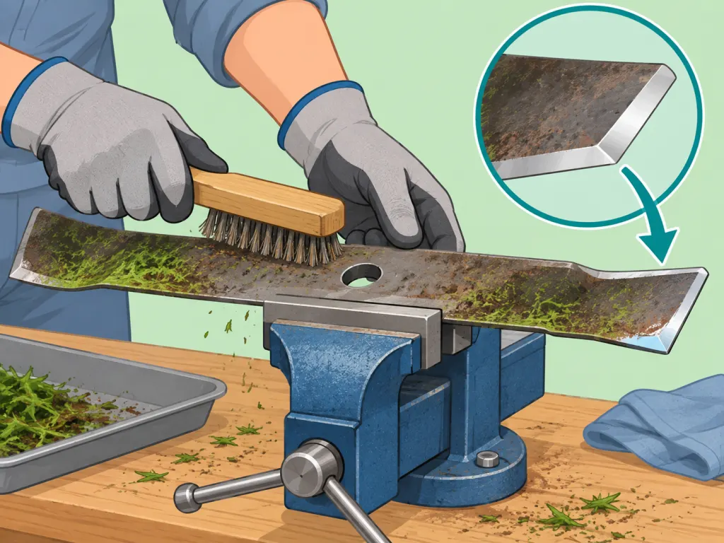 Removed mower blade clamped in a vise and cleaned before sharpening.