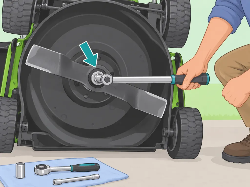 Person reinstalling a sharpened mower blade with a torque wrench.