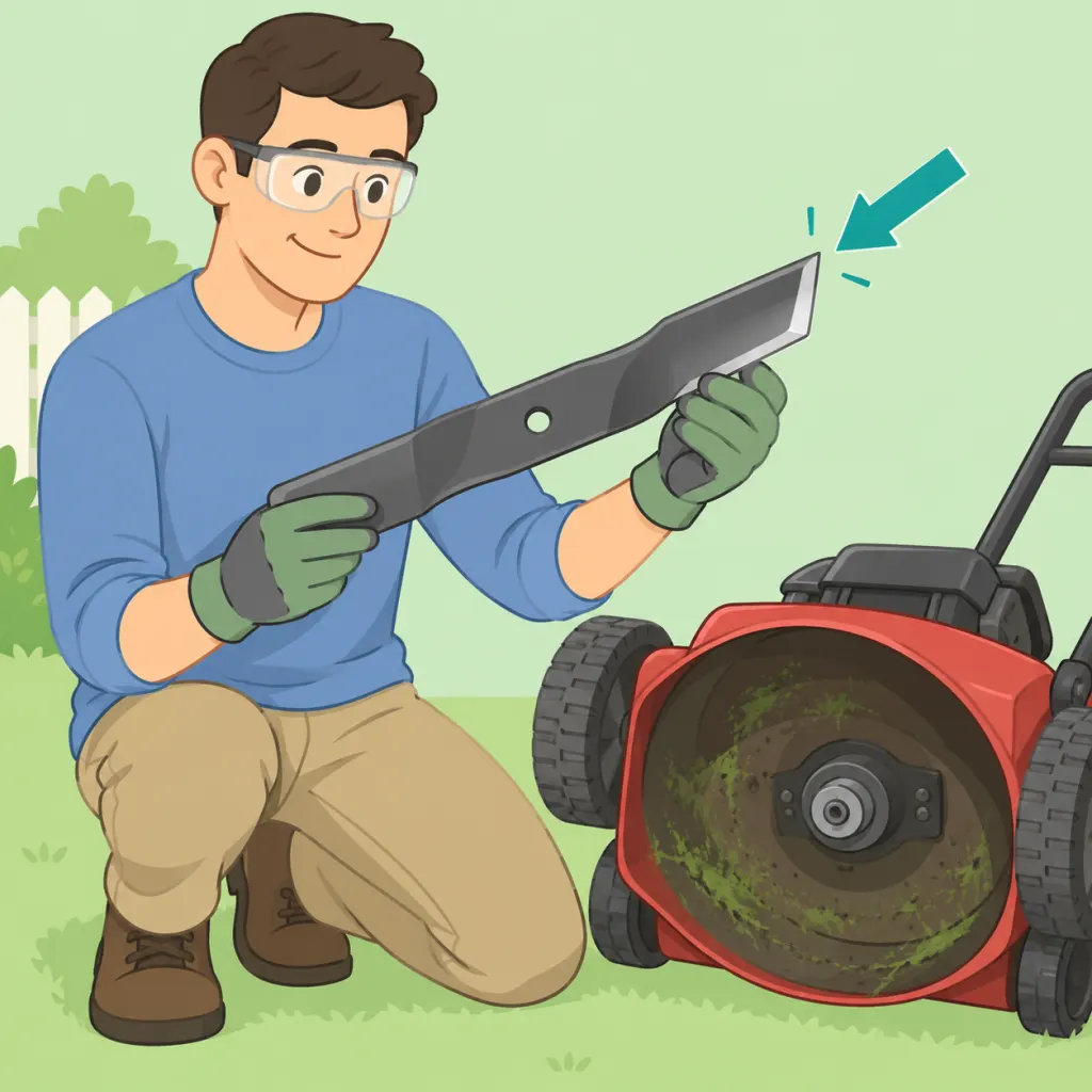 Illustration of a person safely sharpening and inspecting a lawn mower blade.