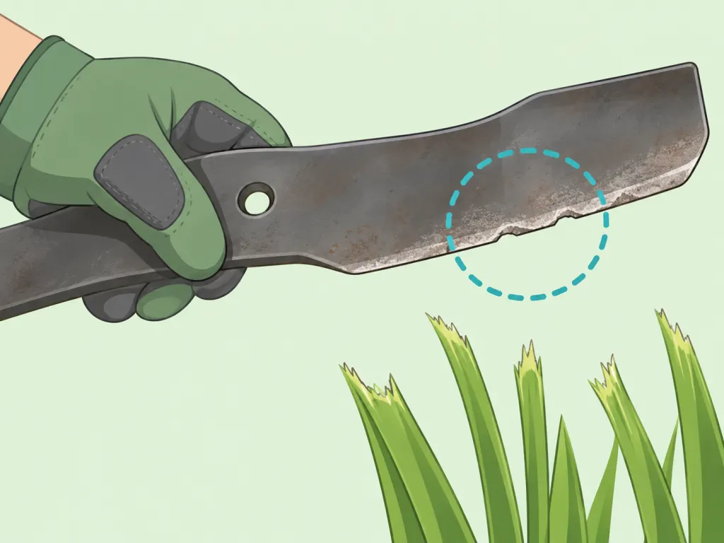 Inspecting a dull lawn mower blade and ragged grass tips.