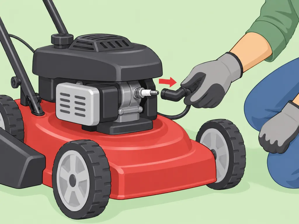Disconnecting the spark plug wire before mower blade maintenance.