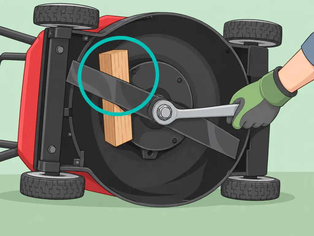 Removing a lawn mower blade with a wrench and wooden block.