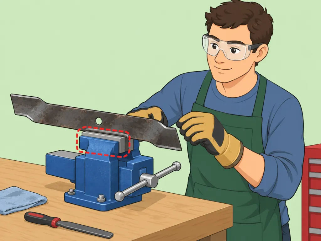Clamping a mower blade and wearing protective gear.