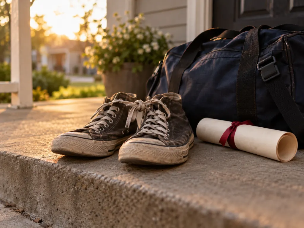 Worn sneakers with tied laces resting beside a duffel bag and diploma tube on a porch step, symbolizing a milestone