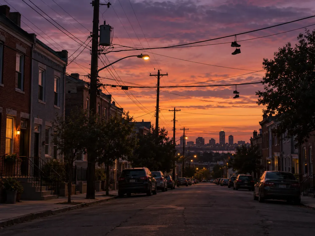 Utility poles and power lines at dusk with a few pairs of shoes visible in silhouette along a quiet city street