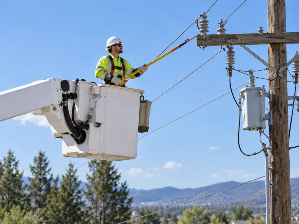 A utility worker in safety gear and a bucket truck using insulated tools near an overhead power line