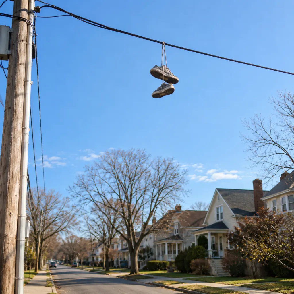 A pair of sneakers with laces tied together hanging from a power line above a residential street