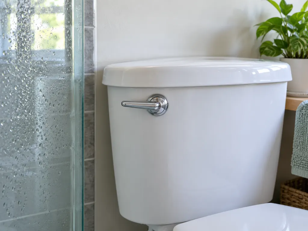 Close view of a toilet tank and flush handle in a bright bathroom.