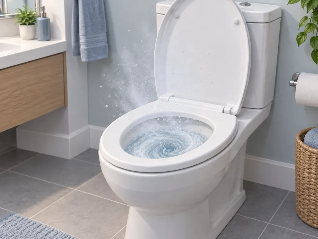 Educational illustration of faint droplets above a flushing toilet in a clean bathroom.