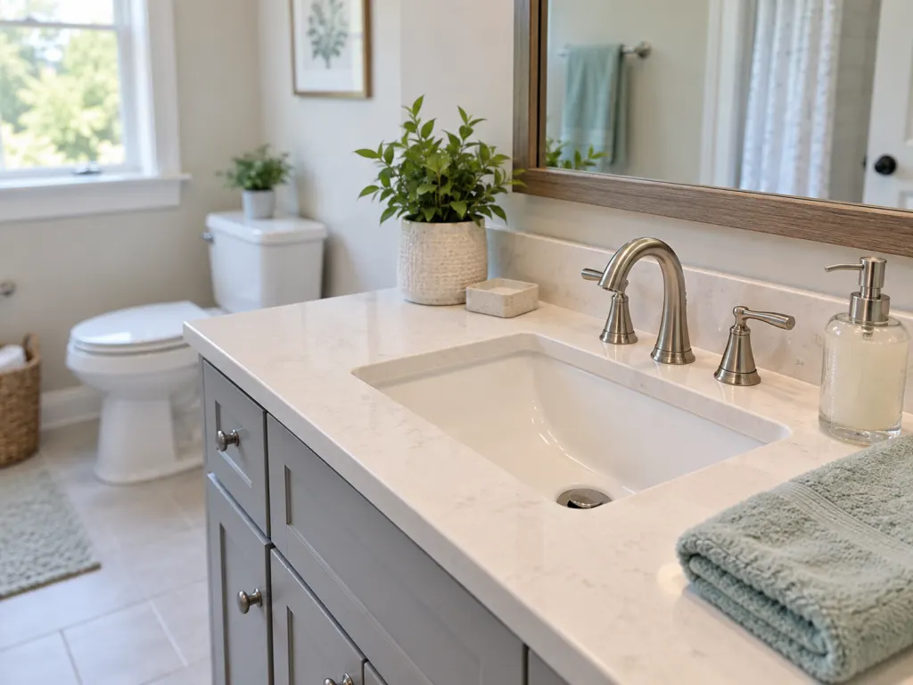 Bathroom sink with soap and towel, with a toilet softly visible in the background.