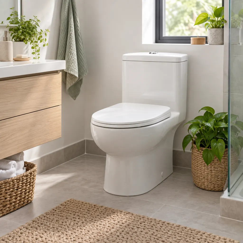 Clean home bathroom with a toilet and soft daylight, suggesting careful water-saving habits.