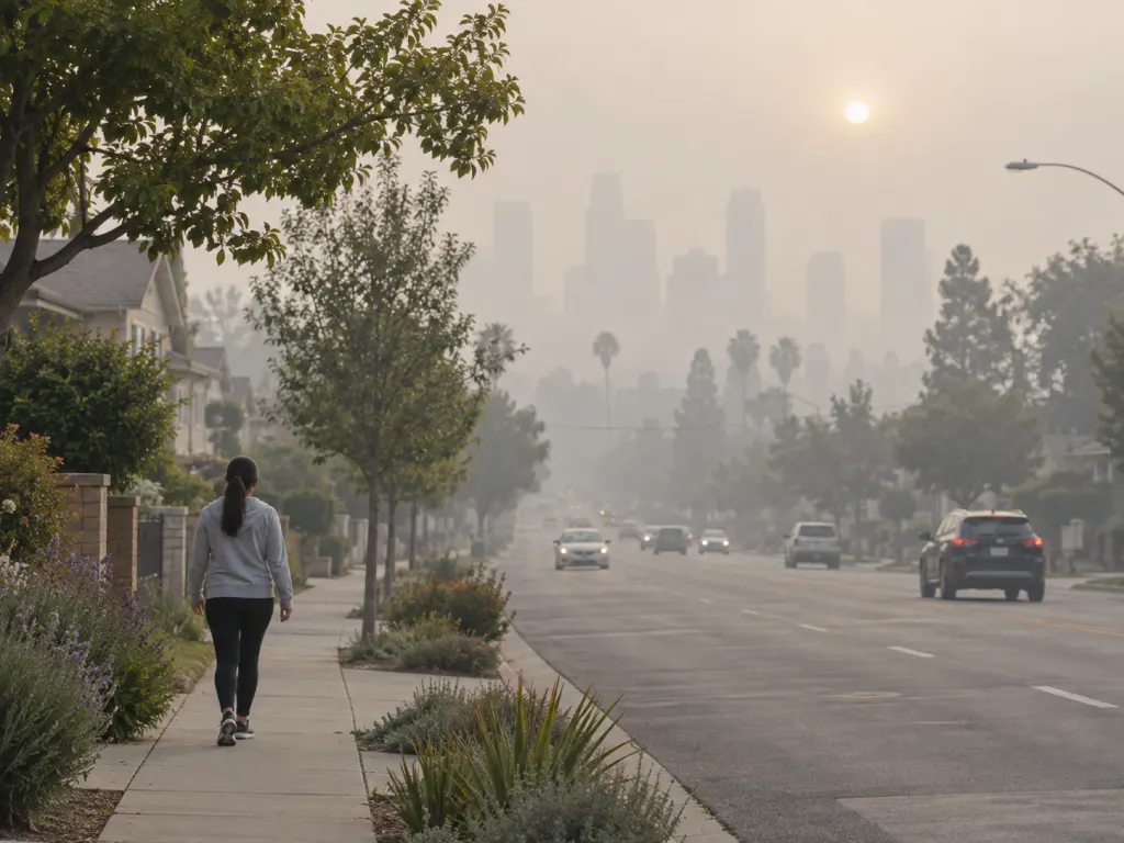 Hazy urban street with distant traffic showing an outdoor pollution context.
