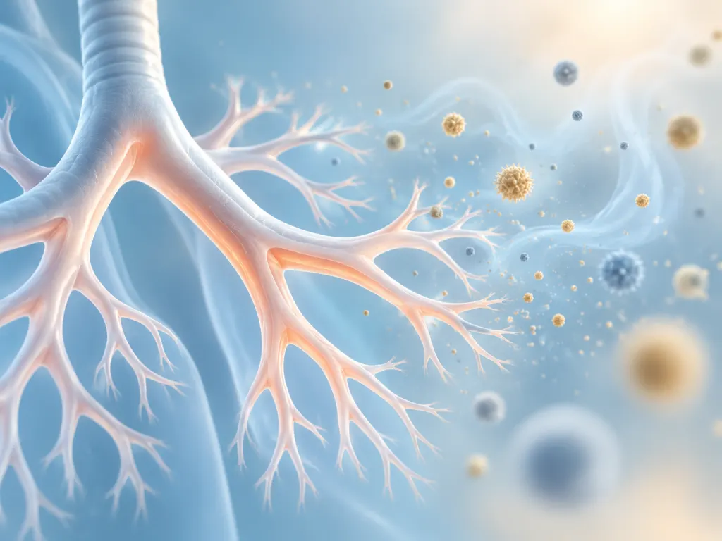Non-graphic illustration of airway irritation from tiny airborne particles.
