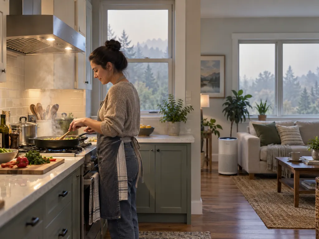 Kitchen with ventilation and an air cleaner showing indoor air quality steps.