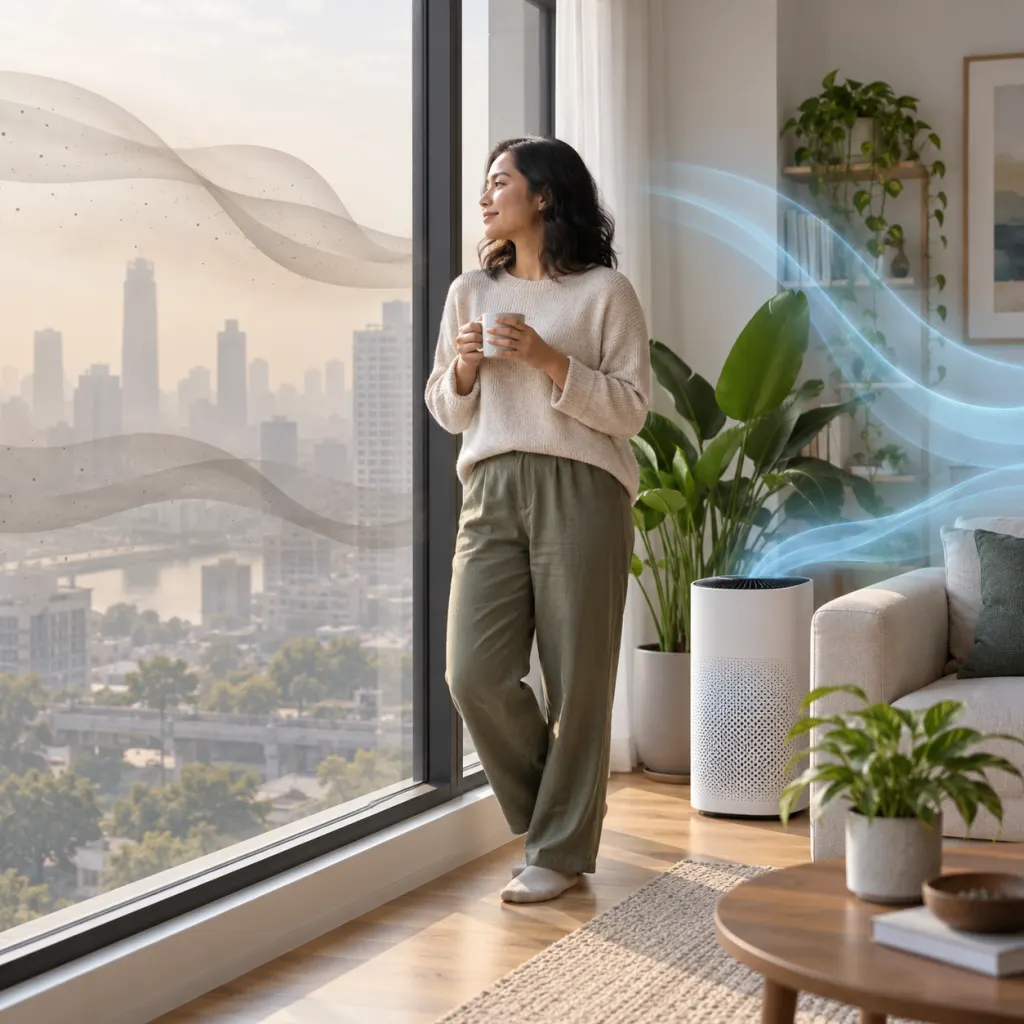 Illustration of a person indoors near a hazy city window with clean-air cues.