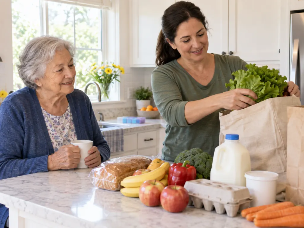 An older adult and helper organize groceries in a bright kitchen.
