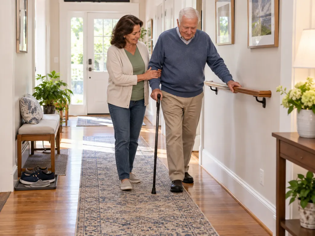 A clear hallway with good lighting and an older adult walking with support nearby.