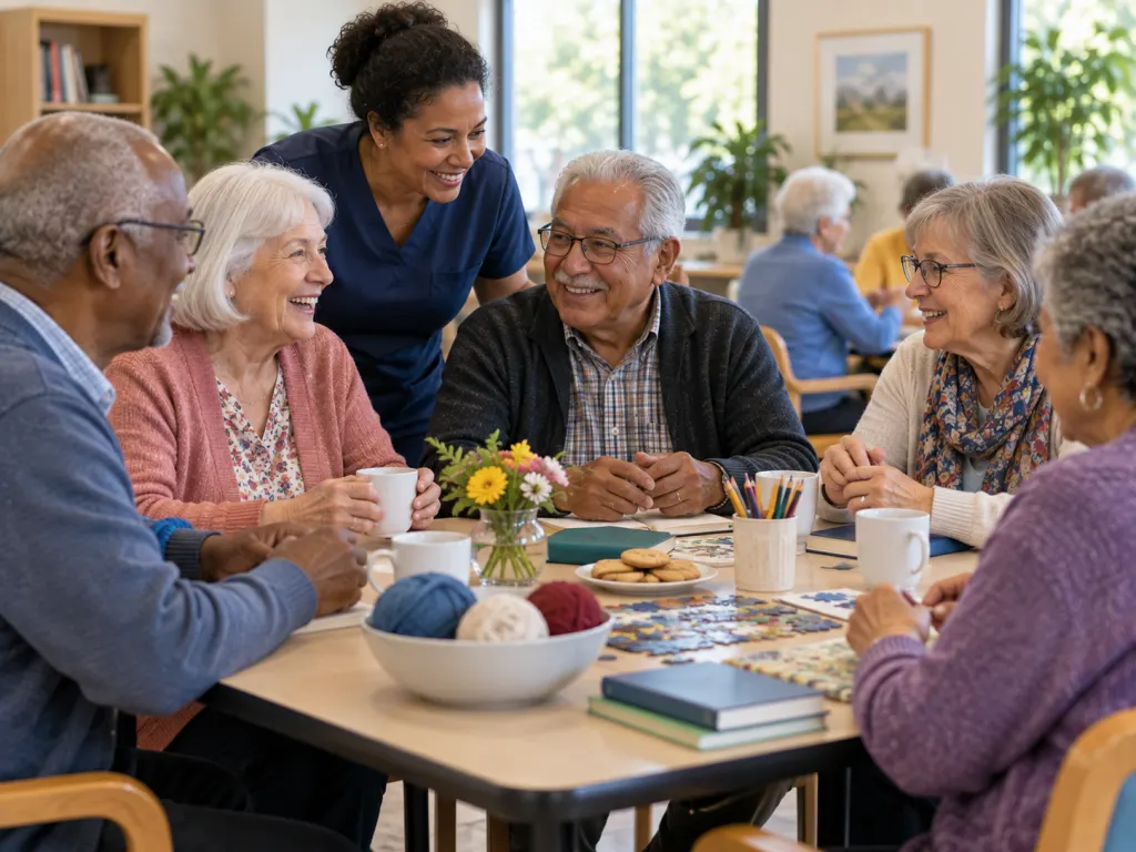 Older adults and caregivers sit together in a community room for a social activity.
