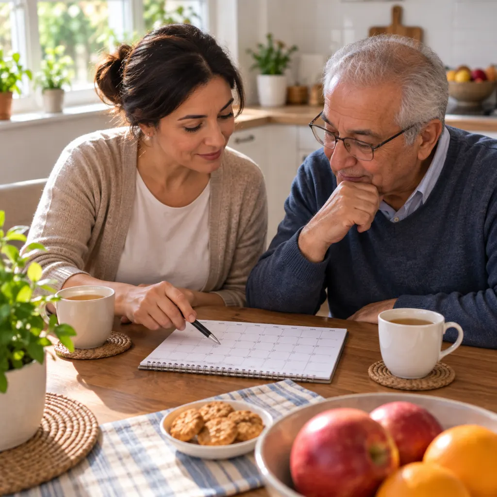 An older adult and family member sit together at a kitchen table reviewing a calendar.